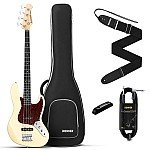 Donner DJB 510B 4 Strings Standard Bass JB Style Beginner Kit White with Gig Bag, Guitar Strap