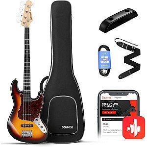 Donner DJB 510D 4 Strings Standard Bass JB Style Beginner Kit Sunburst with Gig Bag, Guitar Strap