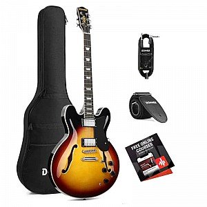 Donner DJP 1000S Semi Hollow Body Double Cutaway Electric Guitar, Sunburst