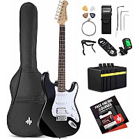 Donner DST 100B Electric Guitar for Beginner Kit Black Solid Body HSS Pick Up with All Accessories