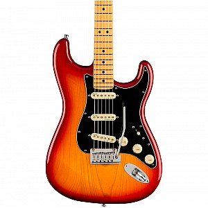 Fender American Ultra Luxe Stratocaster Electric Guitar, Maple FB, Plasma Red Burst