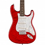 Squier FSR Affinity Stratocaster QMT Electric Guitar, Laurel FB, Crimson Red Transparent