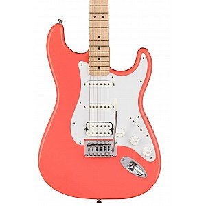 Squier Sonic Stratocaster HSS Electric Guitar w/White Pickguard, Maple FB, Tahitian Coral