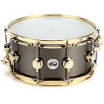 DW Collector's DRVD6514SVGBK Satin Black Over Brass 14x6.5 inch Snare Drum, Gold Hardware