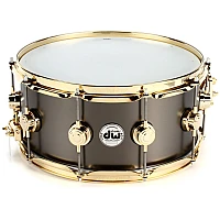 DW Collector's DRVD6514SVGBK Satin Black Over Brass 14x6.5 inch Snare Drum, Gold Hardware