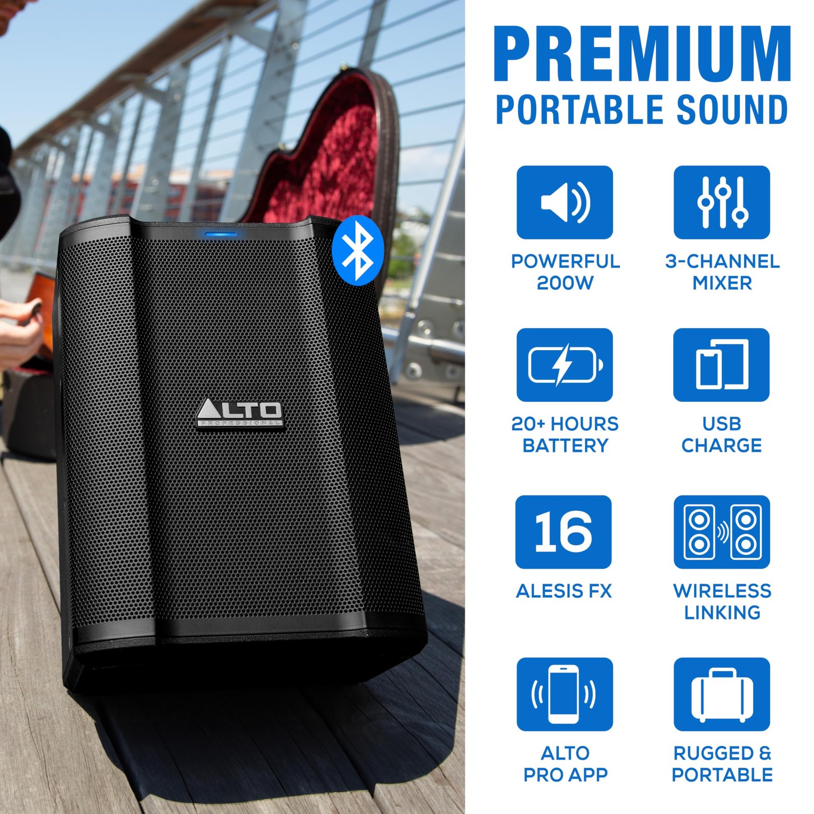 Amazon.com: Alto Professional Busker 200W Portable PA Speaker System with Rechargeable Battery, Bluetooth, 3-Channel Mixer, Alesis FX, App Control, USB Charging : Musical Instruments