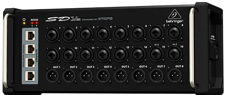 products behringer sd16 i o stage box with 16 remote controllable midas preamps 8 outputs aes50 networking and ultranet personal monitoring hub a150084