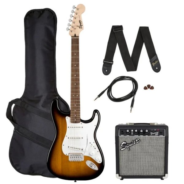products squier stratocaster electric guitar pack with gig bag and frontman 10g amp 7042