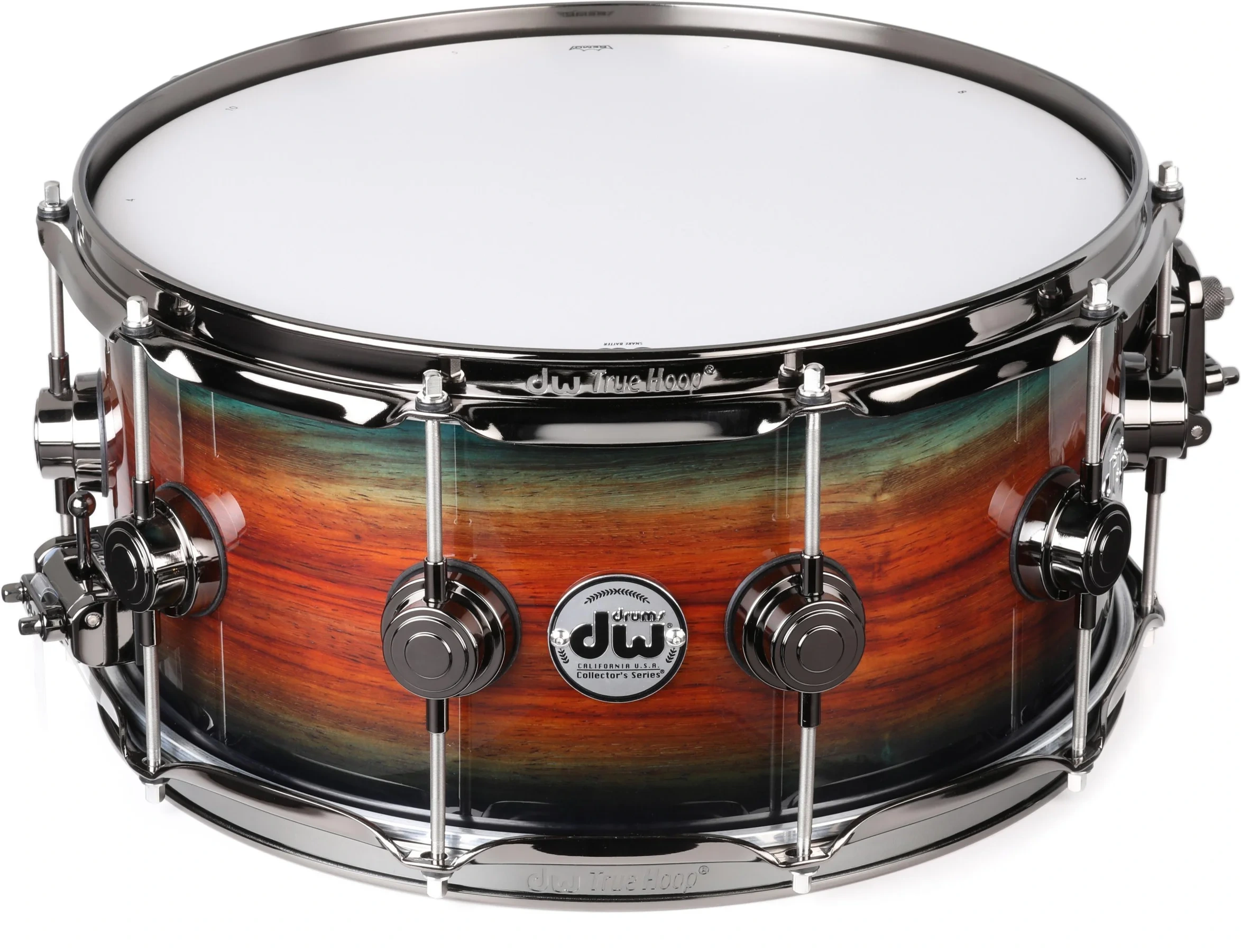 DCEAM6514SNX552 DW Collector's DCEAM6514SNX552 SonicPly 14x6.5 inch Snare Drum, Natural to Quick Royal Blue Burst over Horizontal Padauk - Gambar 1