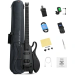 Donner HUSH X LIVE Travel Headless Electric Guitar, Black