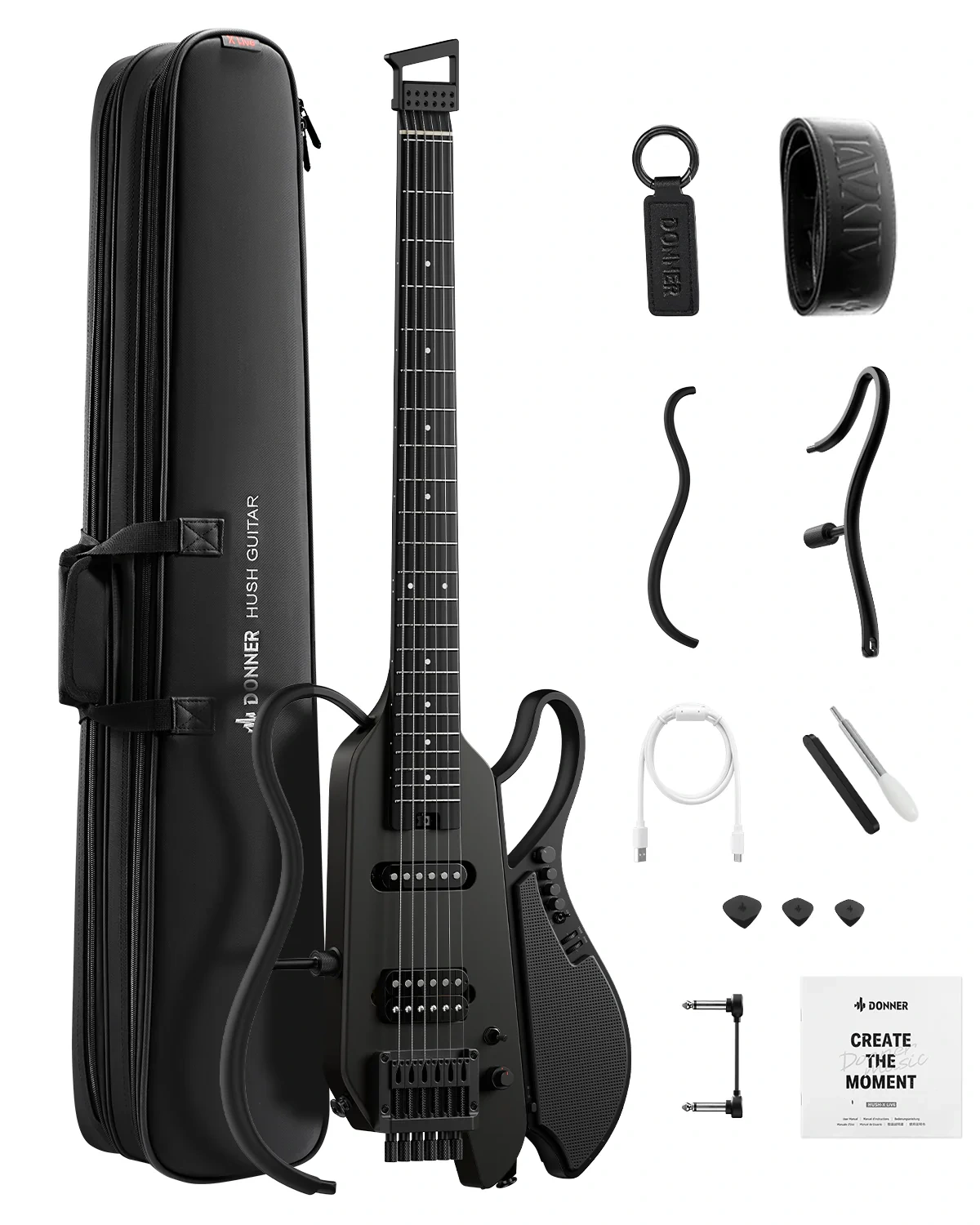 HUSH-X LIVE MIYAVI Donner HUSH-X LIVE Travel Headless Electric Guitar MIYAVI Edition, Black - Gambar 1