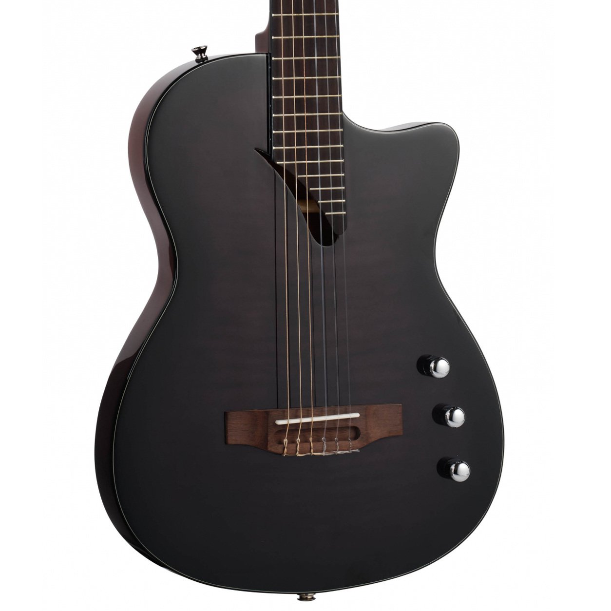 emdc8bk Tanglewood EM DC8 Nylon Thinline Classical Guitar Flame with Bag, Black Gloss - Gambar 1