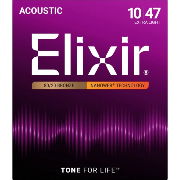 Elixir 11002 Nanoweb 80/20 Bronze Acoustic Guitar Strings, Extra Light, 10-47
