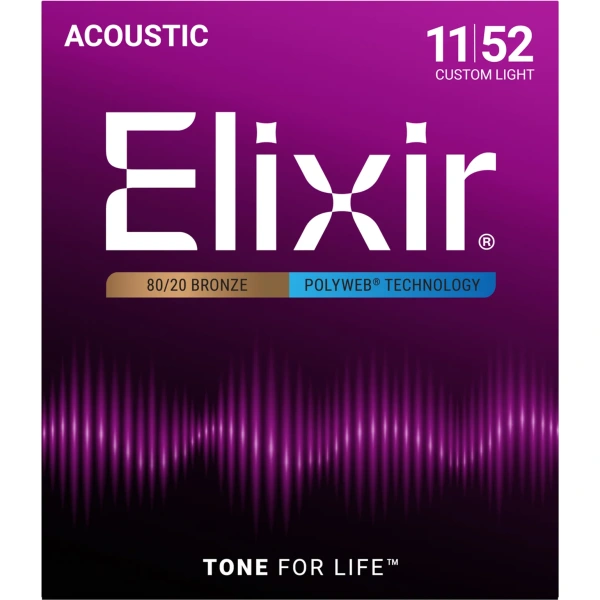 Elixir 11025 Polyweb 80/20 Bronze Acoustic Guitar Strings, Custom Light, 11-52