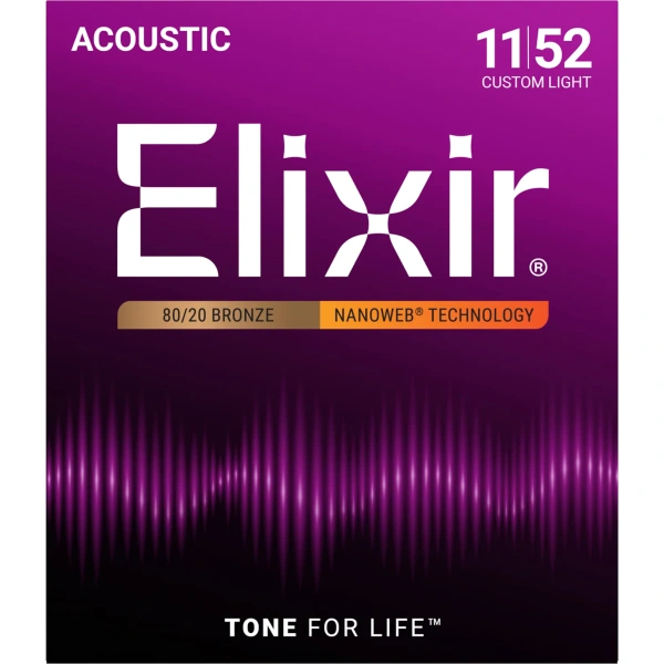 Elixir 11027 Nanoweb 80/20 Bronze Acoustic Guitar Strings, Custom Light, 11-52