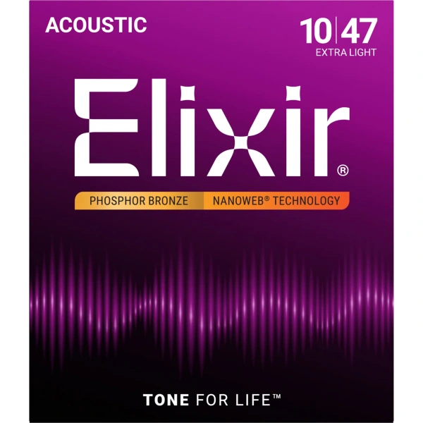 Elixir 16002 Nanoweb Phosphor Bronze Acoustic Guitar Strings, Extra Light, 10-47